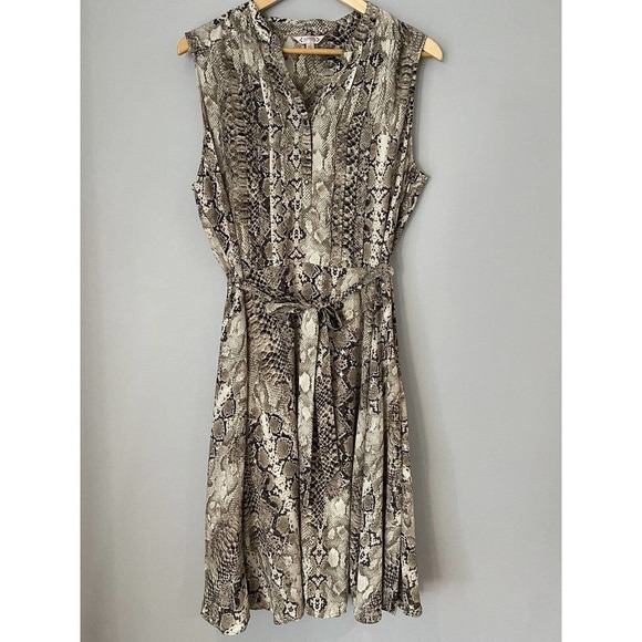 Nanette Lepore Brown Snake Print Tie Waist Shirt Dress Size 14 Slip Dress Lined - Picture 2 of 12